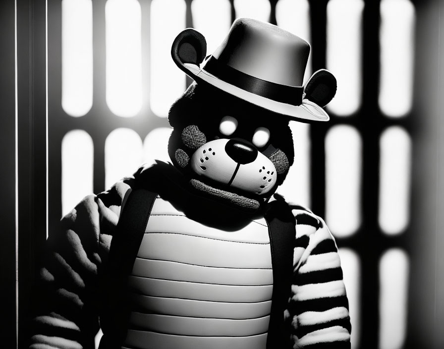 Monochrome photo of person in striped costume with bear mask and hat, featuring dramatic shadow pattern.