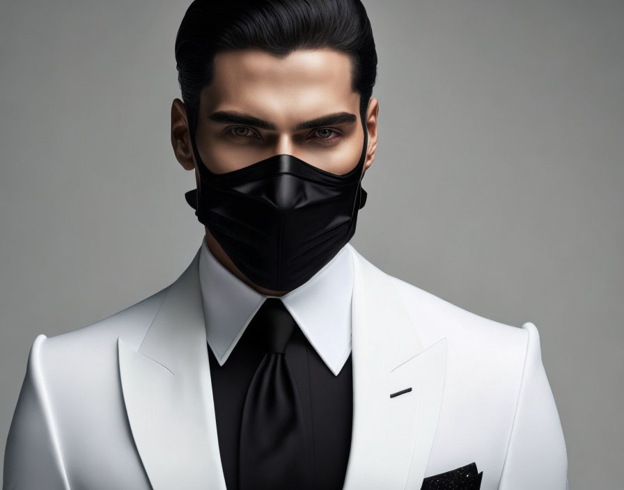 Stylish man in white tuxedo and black mask on gray background