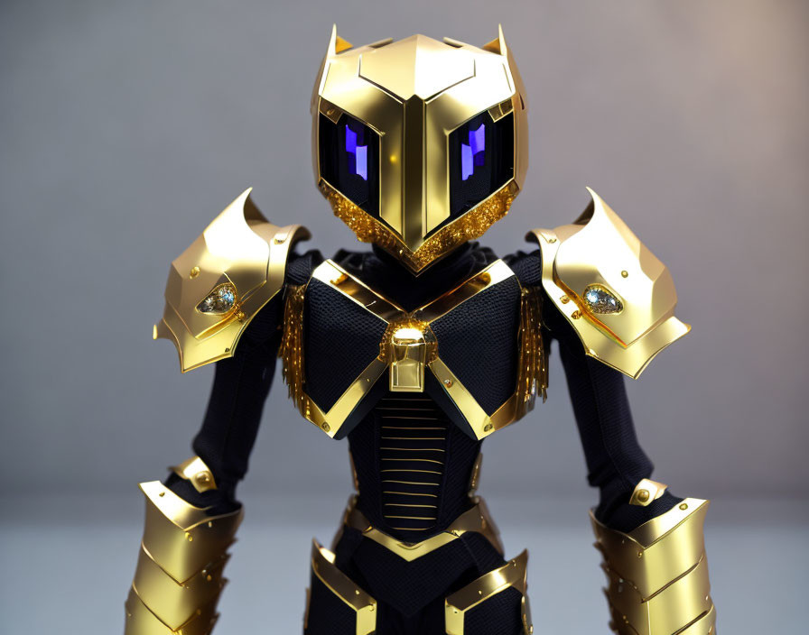 Golden armored robot with purple glowing eyes on soft grey background