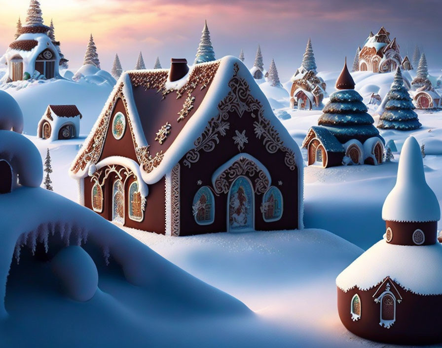 Snow-covered gingerbread house village in twilight landscape