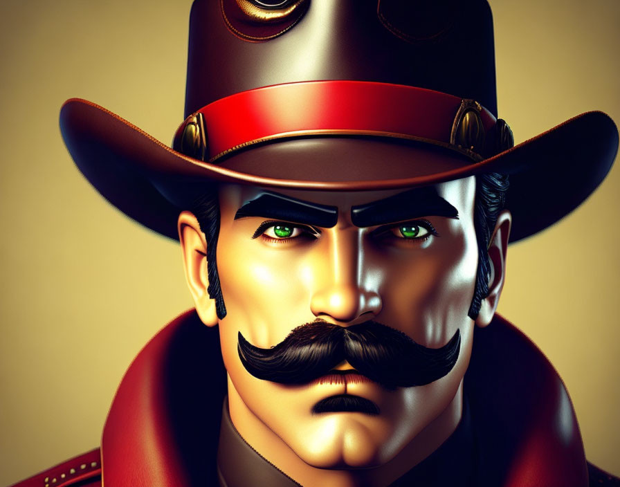 Illustration of man with mustache in steampunk cowboy hat and red cloak