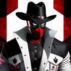 Stylized character in black mask and cowboy hat with modern armored suit and cape on red and white