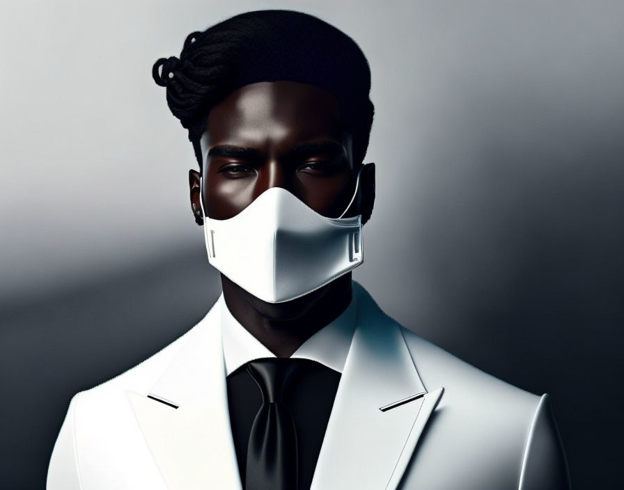 Stylish man in white suit with modern mask exudes confidence