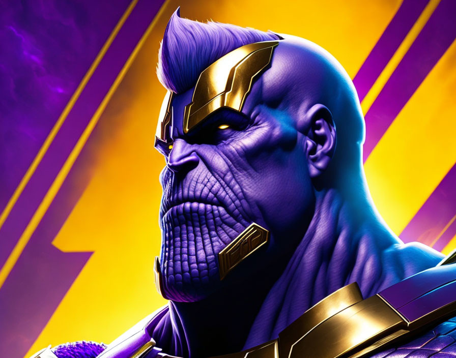 Stylized digital artwork of purple Thanos in gold armor