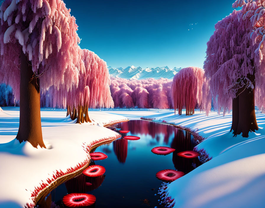 Pink willow trees in serene winter landscape with reflective river