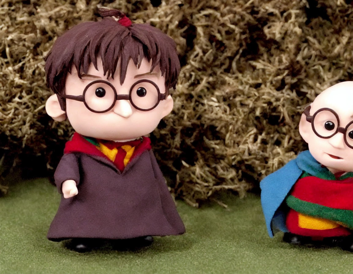 Young wizard figurines in scarves on mossy backdrop