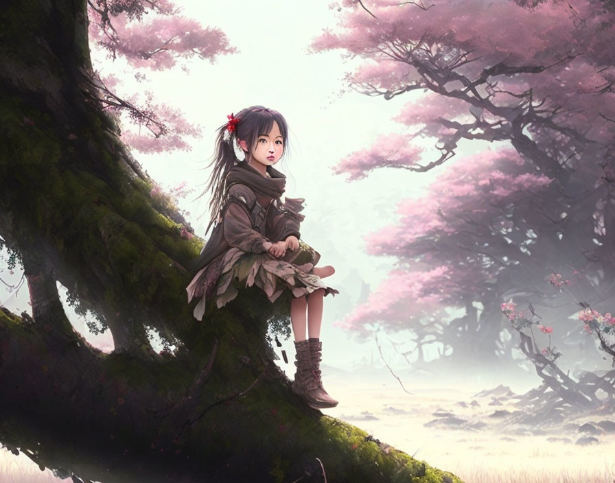 Young girl in brown attire sitting on tree branch in serene setting with pink cherry blossoms