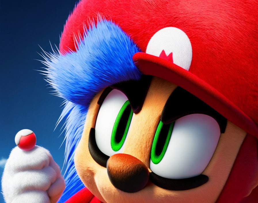 Famous video game character close-up with red hat and mustache