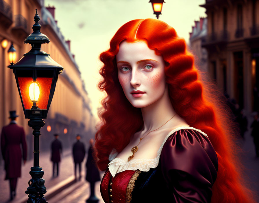 Digital artwork of woman with red hair in period clothing on old city street with glowing lamp post.