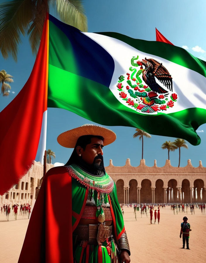 Traditional Mexican Attire Figure with Flag in Historical Setting