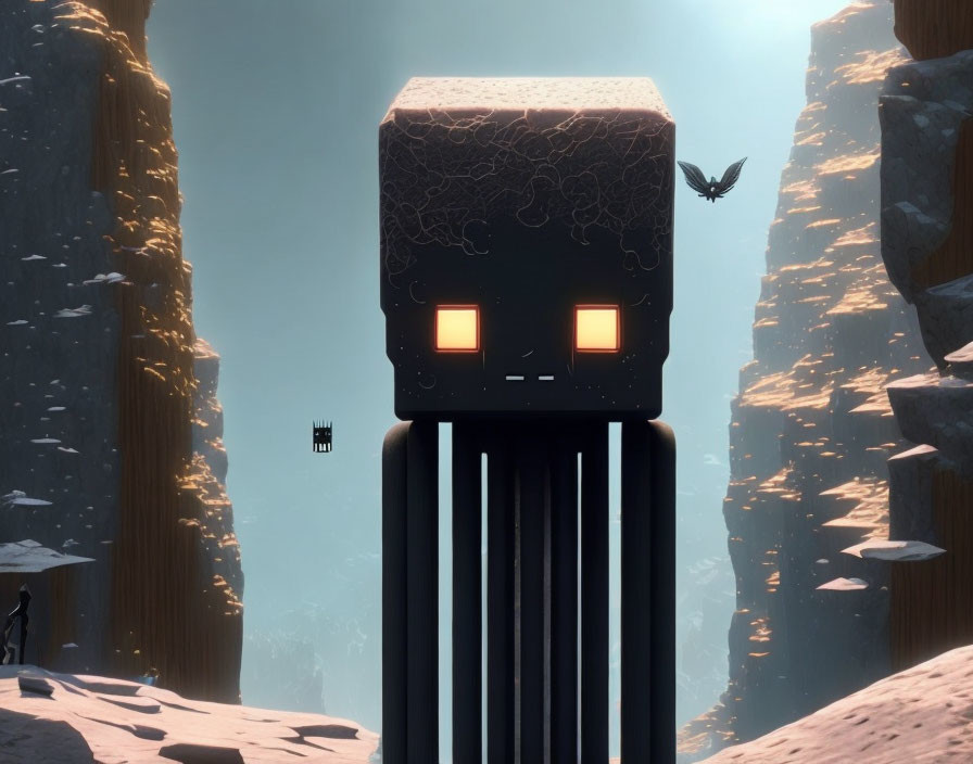 Intricate Cube Head Robot in Mystical Landscape