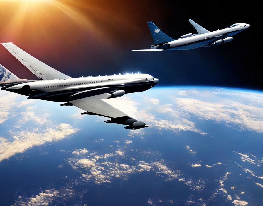 Commercial airplanes flying high above Earth with sun and curvature in background