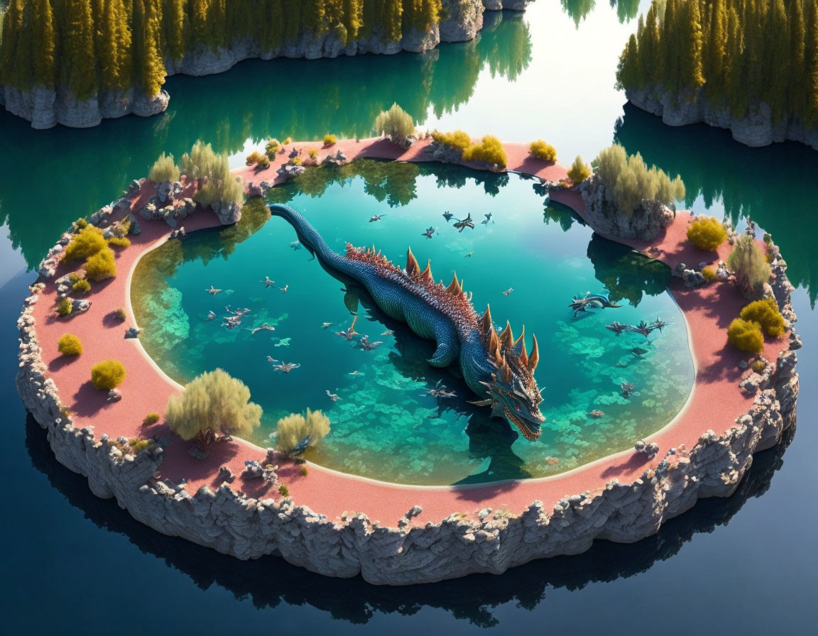 Vibrant circular oasis with dragon-like creature and lush greenery