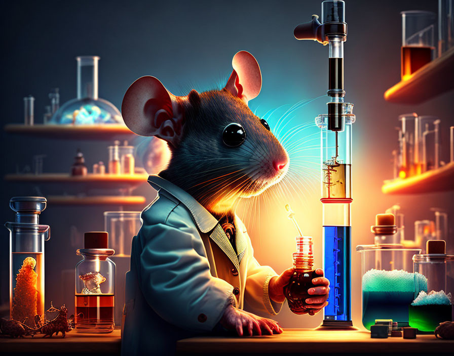 Anthropomorphic mouse in lab coat conducting chemistry experiment