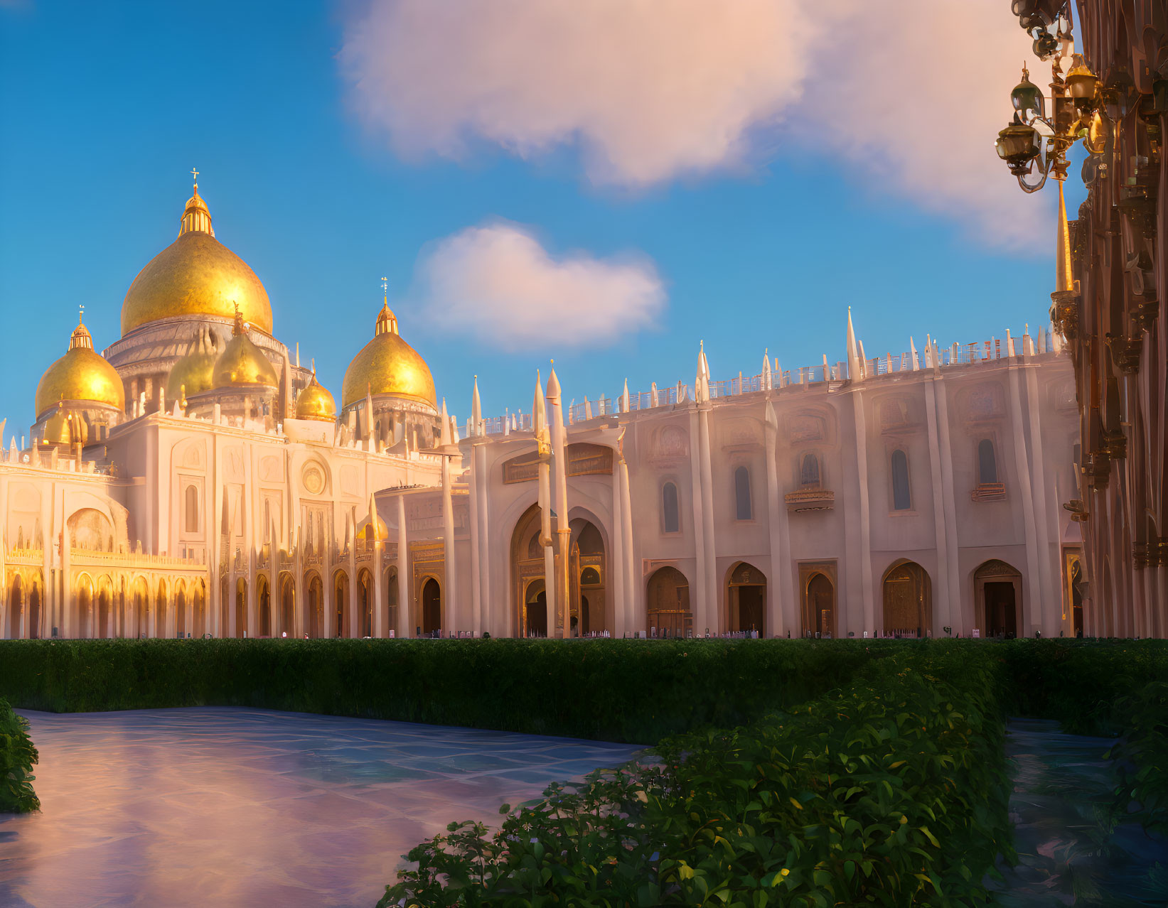 Golden-domed palace in sunlight with intricate architecture against blue sky