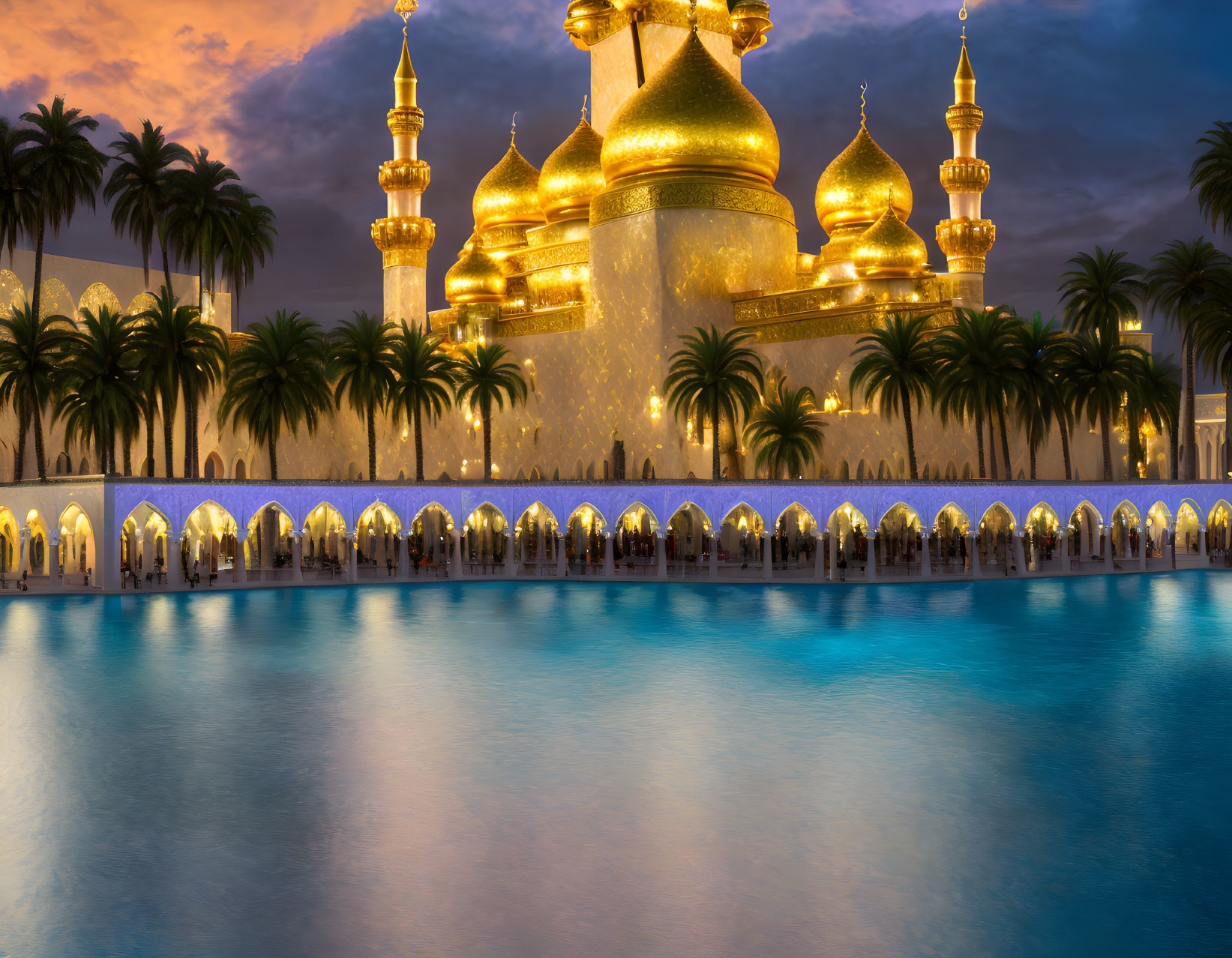 Golden domed mosque by water at sunset with palm trees