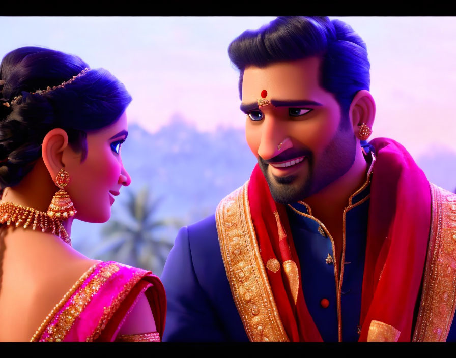 Traditional Indian Attire: Animated Characters in Blue Sherwani and Purple Saree