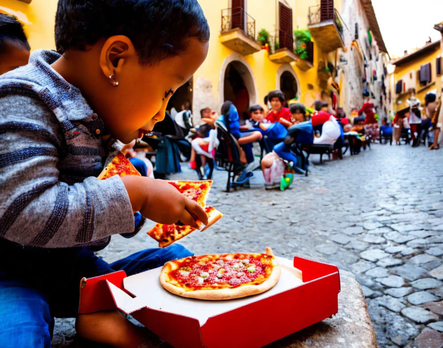 Toddler eating pizza on European street with people dining in background