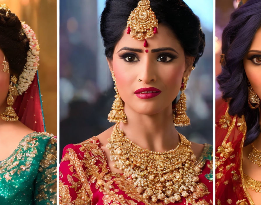 Traditional South Asian Bridal Attire Collage with Jewelry and Makeup