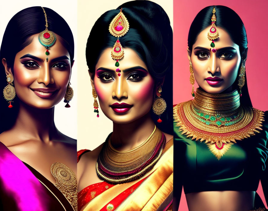 Three Women in Traditional Indian Attire and Jewelry Against Vibrant Background