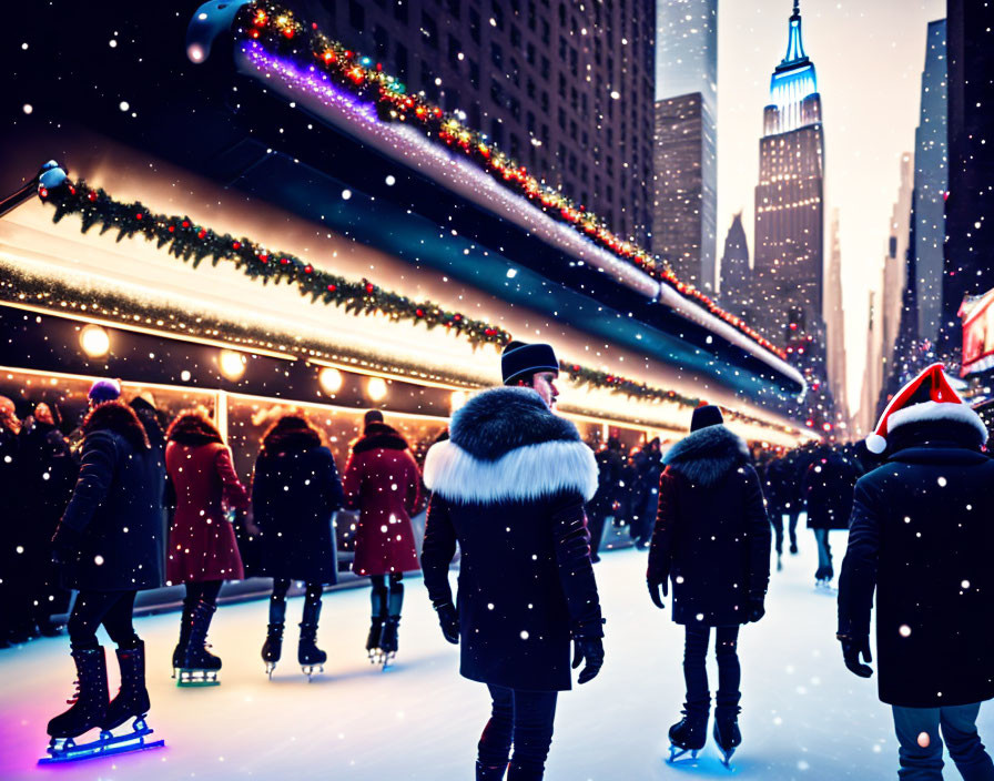 Ice-skating near festive pavilion with Christmas lights, cityscape and tower view