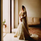 Traditional attire woman elegantly standing by window in softly lit room