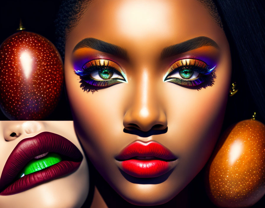 African woman with vibrant makeup and glittering mangoes