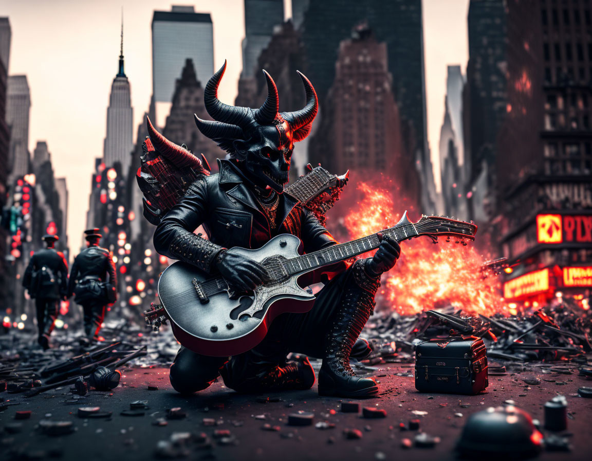 Horned demon playing electric guitar in urban chaos