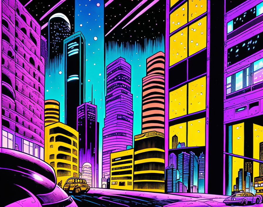 Futuristic cityscape comic-style illustration at night