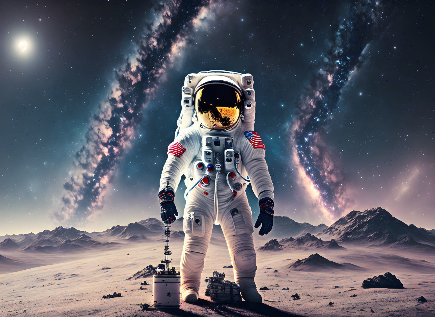 Astronaut in white spacesuit on rocky alien terrain with stars