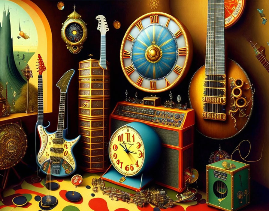 Colorful surreal illustration: Musical instruments and clocks merged in steampunk style