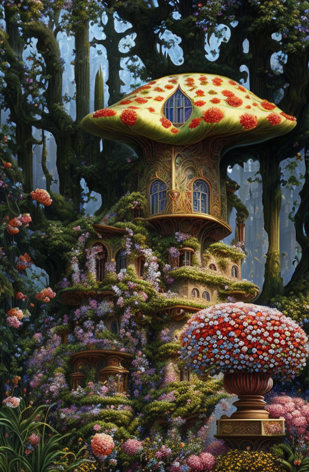 Fantastical forest scene with mushroom-shaped houses and lush greenery