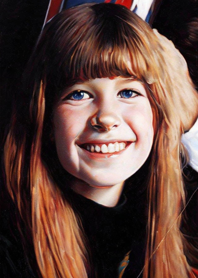 Young girl with long light brown hair and blue eyes smiling cheerfully