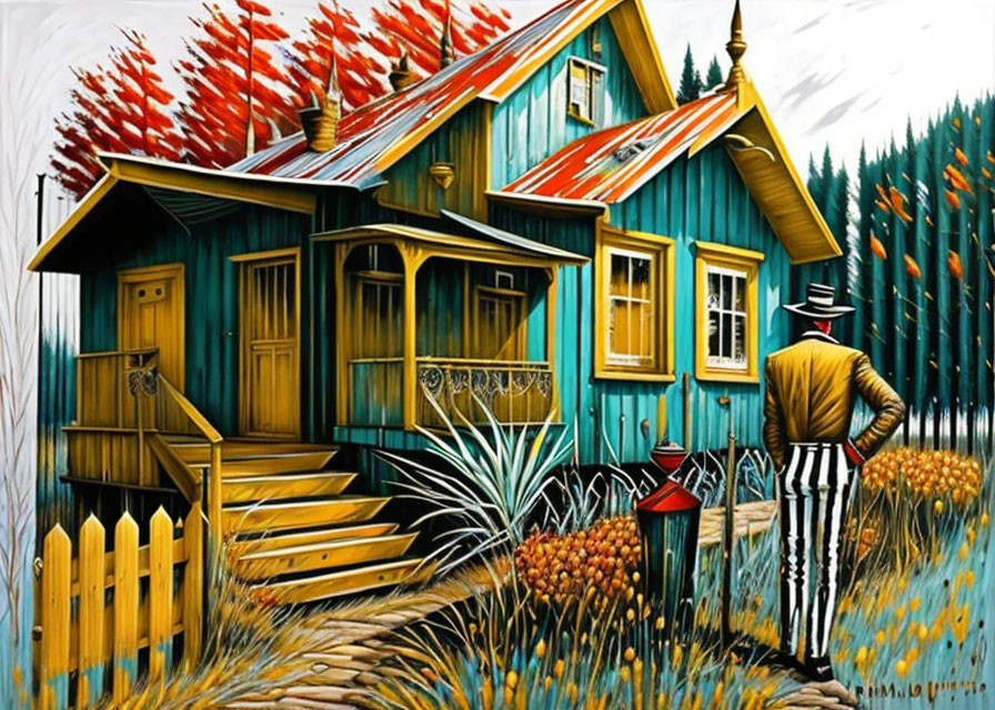 Vibrant painting of person in hat by turquoise house with autumn trees