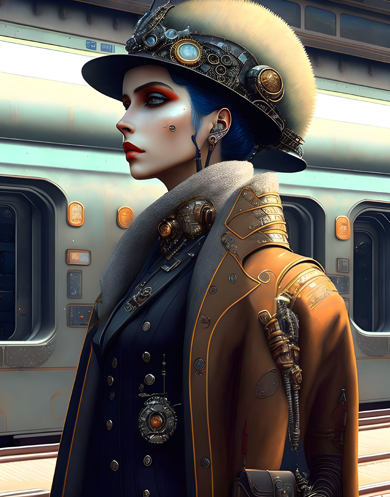 Blue-skinned person in steampunk attire by train carriage