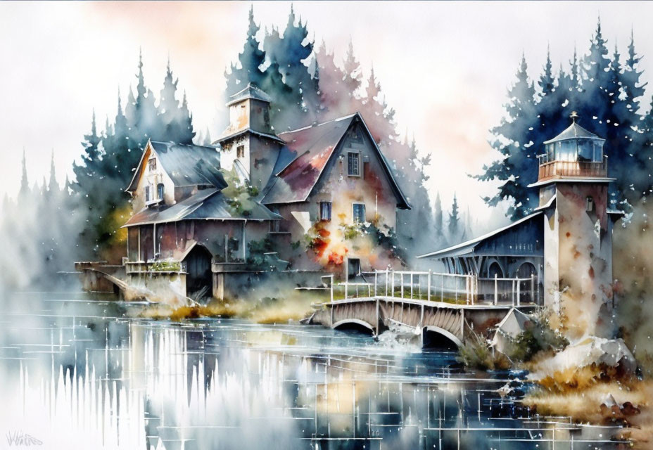 Tranquil watercolor painting of lakeside house in misty forest