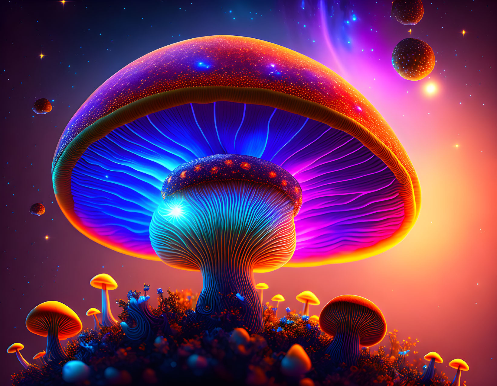 Fantasy illustration: Neon-lit mushrooms in cosmic setting
