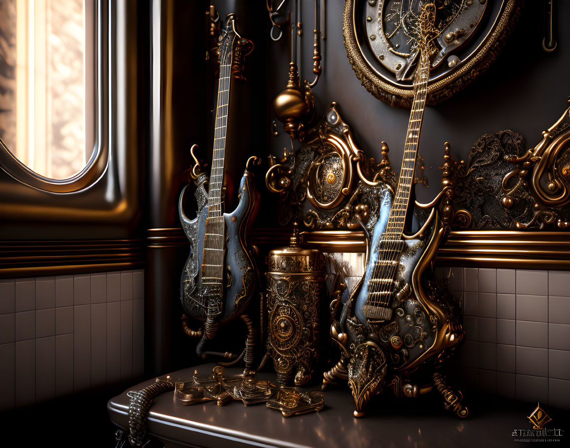 Steampunk-themed room with embellished guitars, wall gears, and richly decorated cup