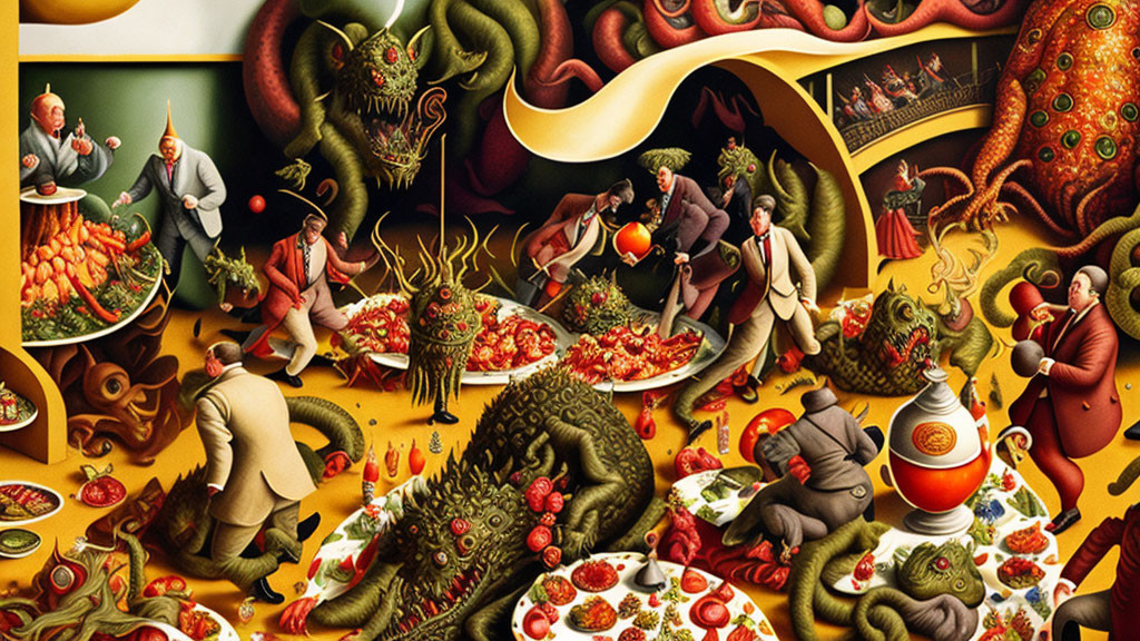 Surrealist artwork featuring businessmen and monstrous figures in a banquet hall