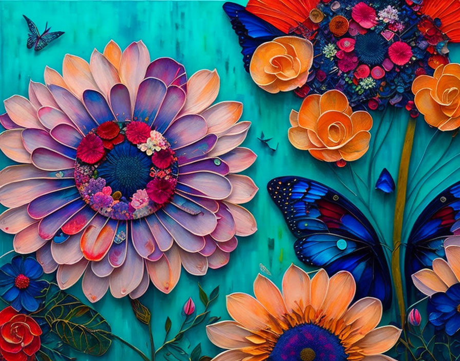 Colorful Flowers and Butterflies on Teal Background