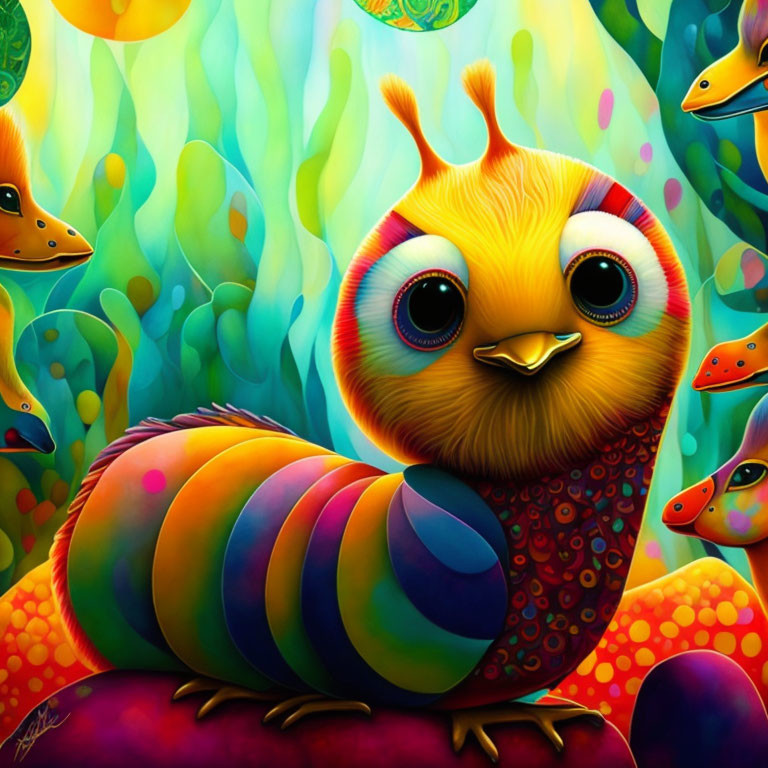 Colorful whimsical caterpillar with bird-like head in vibrant illustration