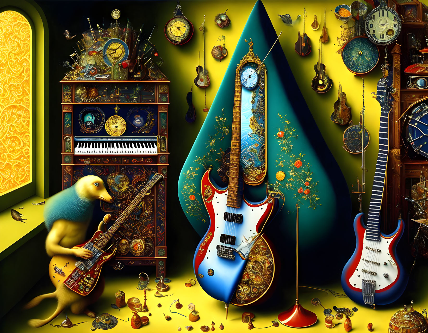 Vibrant surreal artwork with creature playing guitar amid clocks & musical instruments