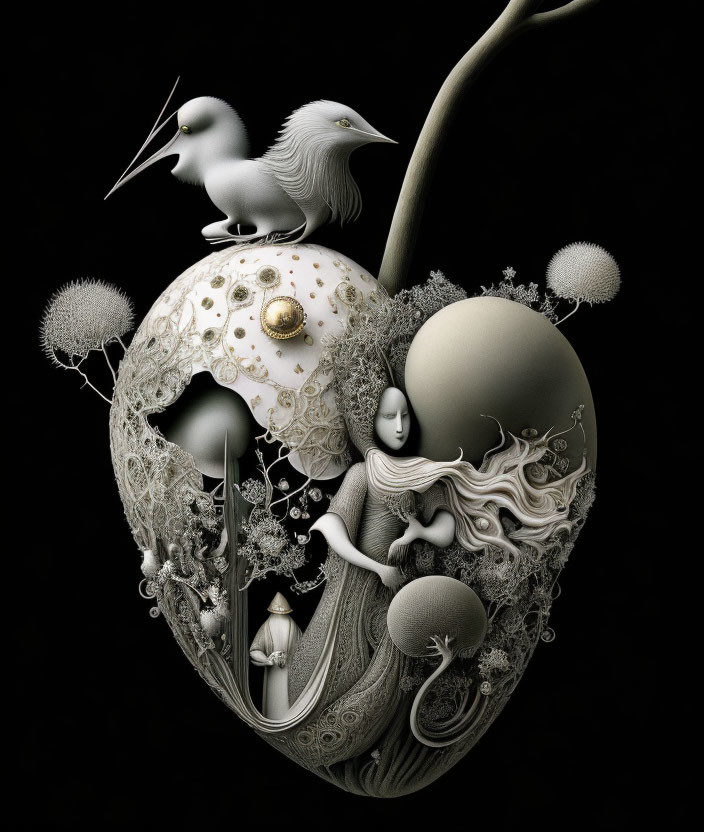 Intricate surreal heart art with figures, bird, and ornamental elements
