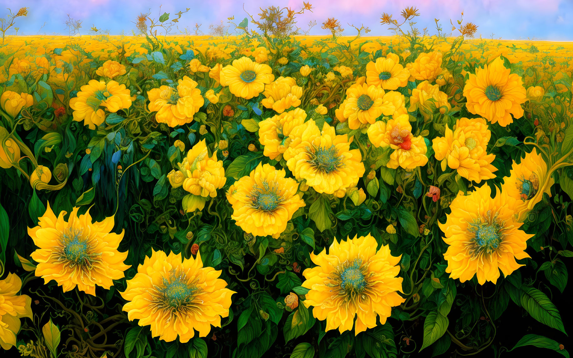 Scenic yellow flowers field under blue sky.