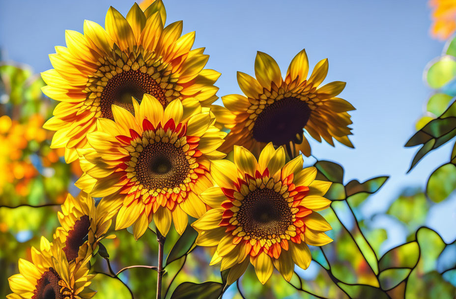 Vibrant sunflowers under clear blue sky with sunlight filtering through petals