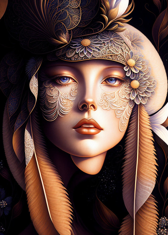 Illustrated female figure with decorative headdress and lace mask against mystical dark background.