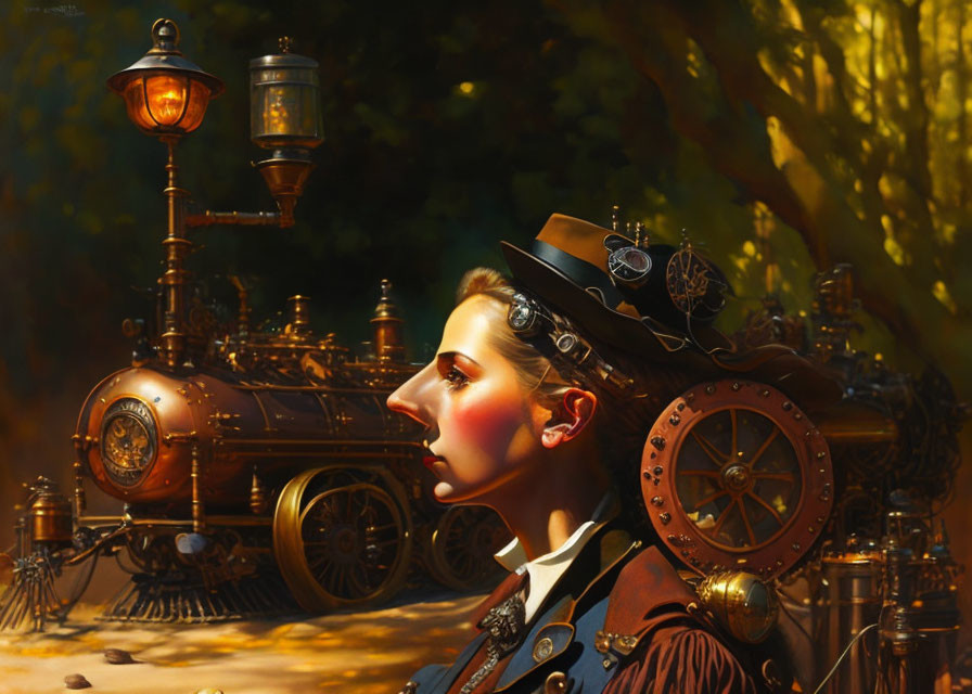 Victorian steampunk woman next to mechanical contraption in warm light