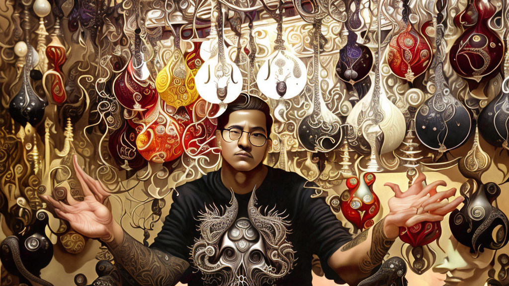 Person with glasses in surreal, ornate backdrop of mask-like designs