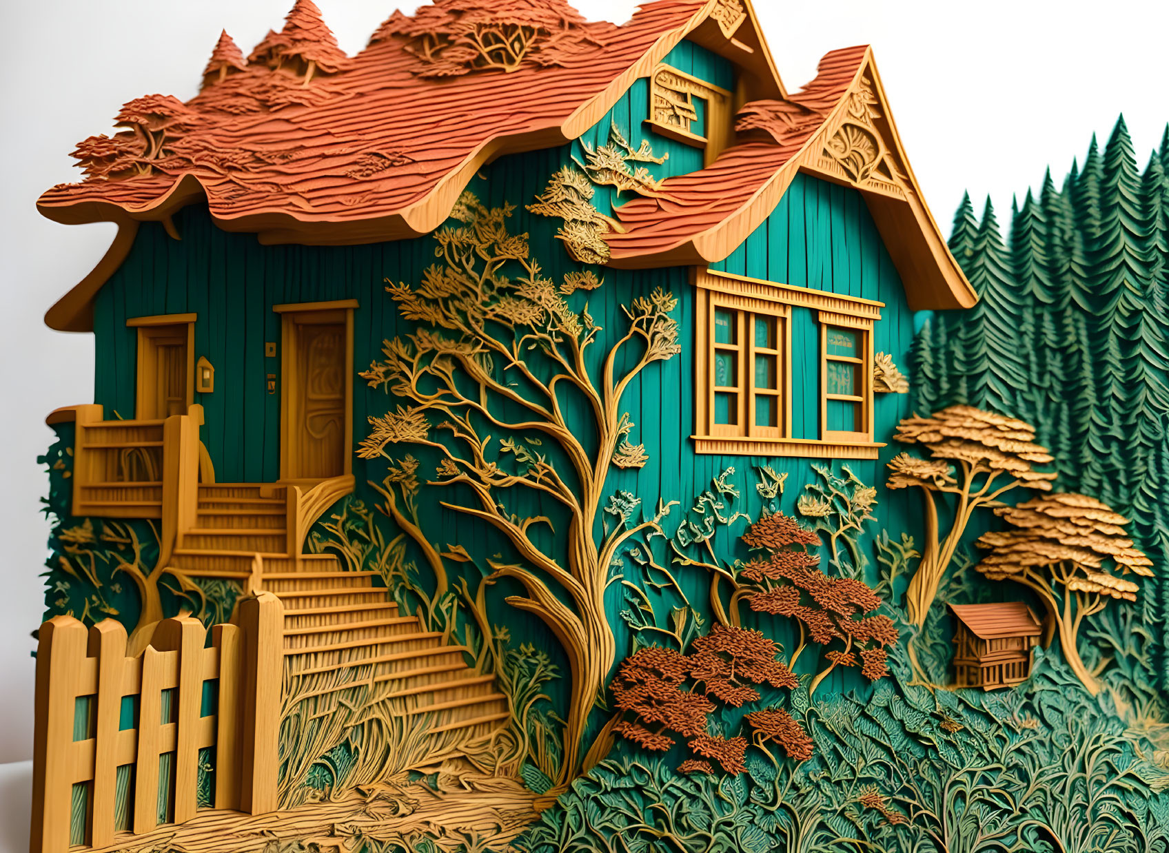 Detailed 3D paper art of house with shingled roof and trees