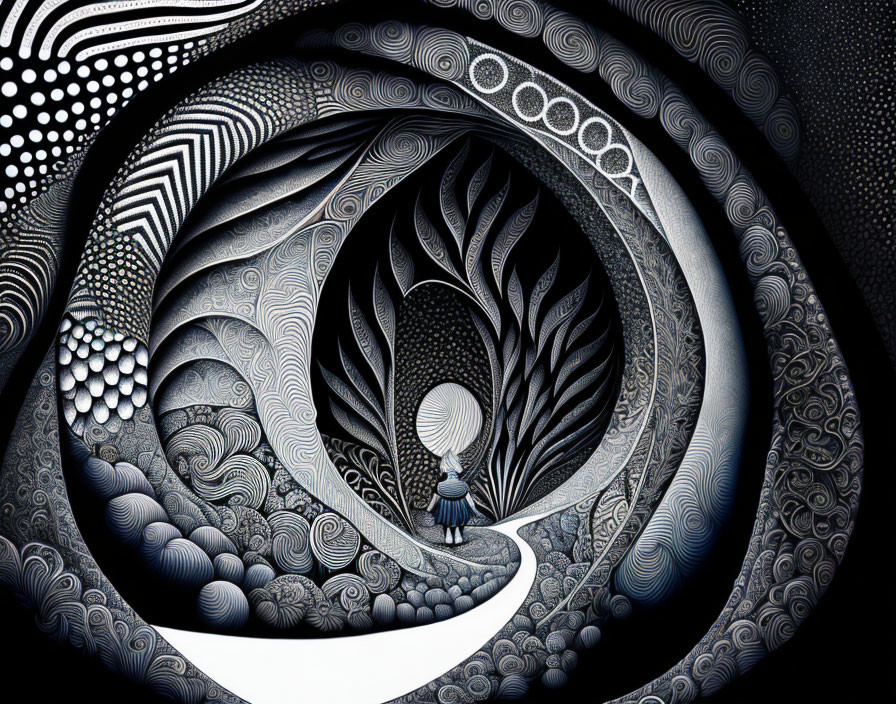 Monochrome digital artwork of surreal landscape with intricate patterns